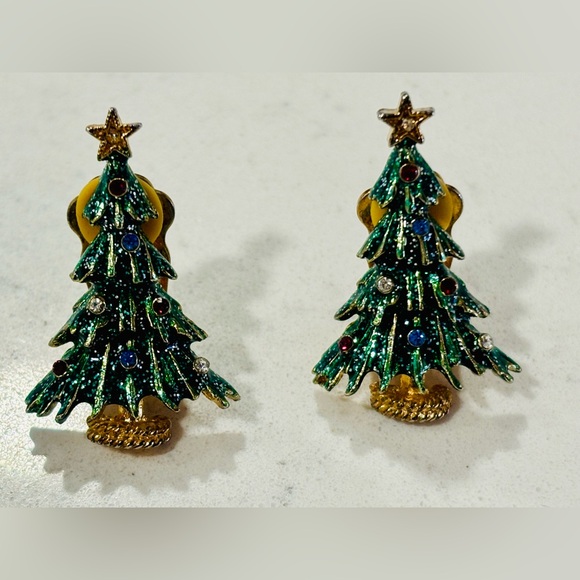 Eisenberg Ice Christmas Tree Earrings Holiday Jewelry Vintage Gold-tone Enamel - Picture 1 of 6